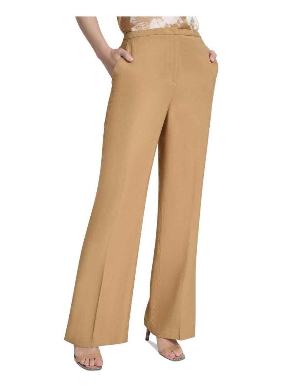 DKNY Petite High Rise Flare-Leg Dress Pants Rayon Light Brown Size 2P $99